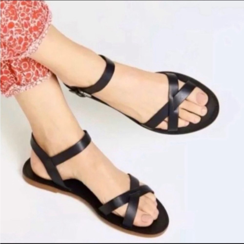 Madewell Boardwalk Black Leather Ankle Strap Sandals size 6.5